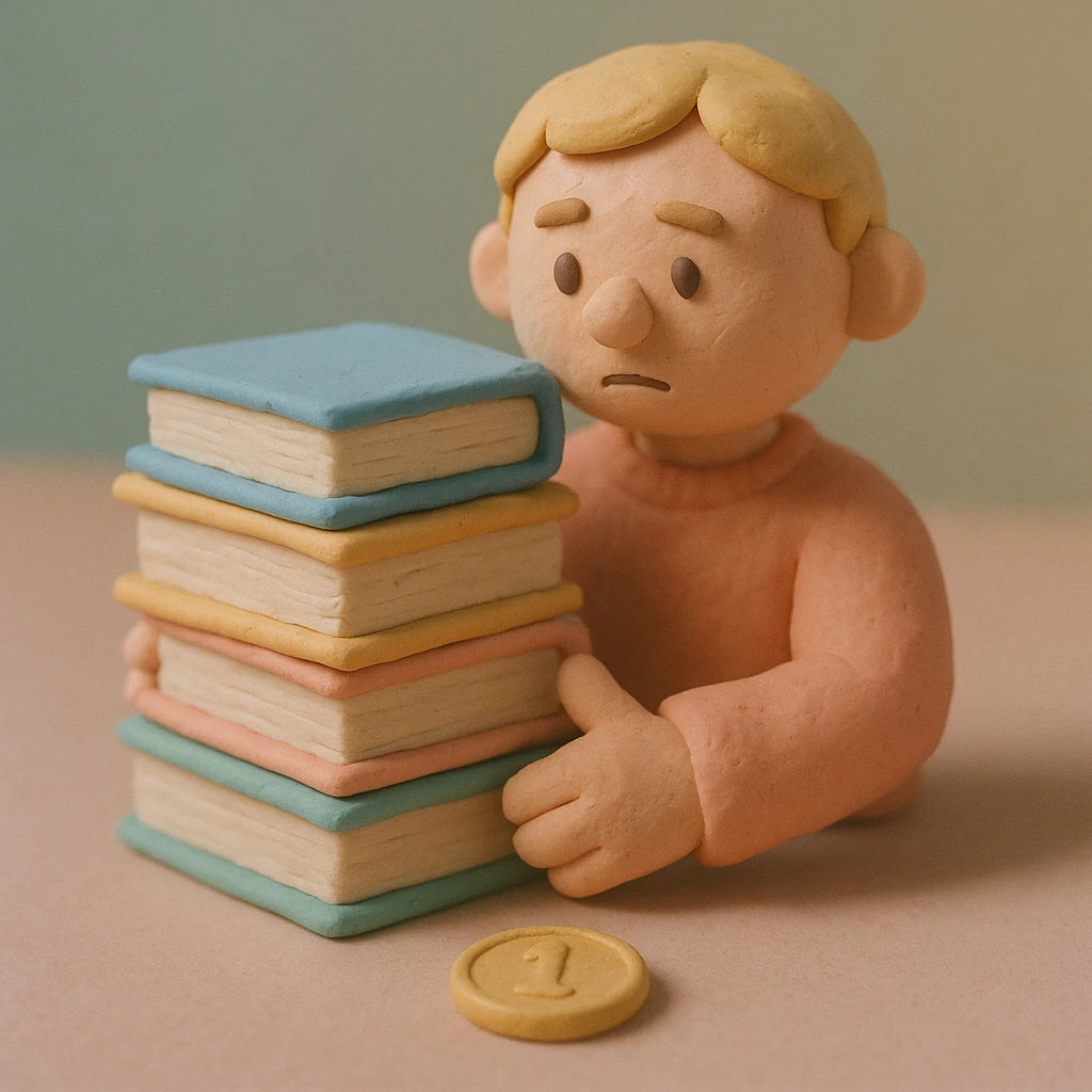 A student with a stack of textbooks and a single coin, in a pastel palette emoji