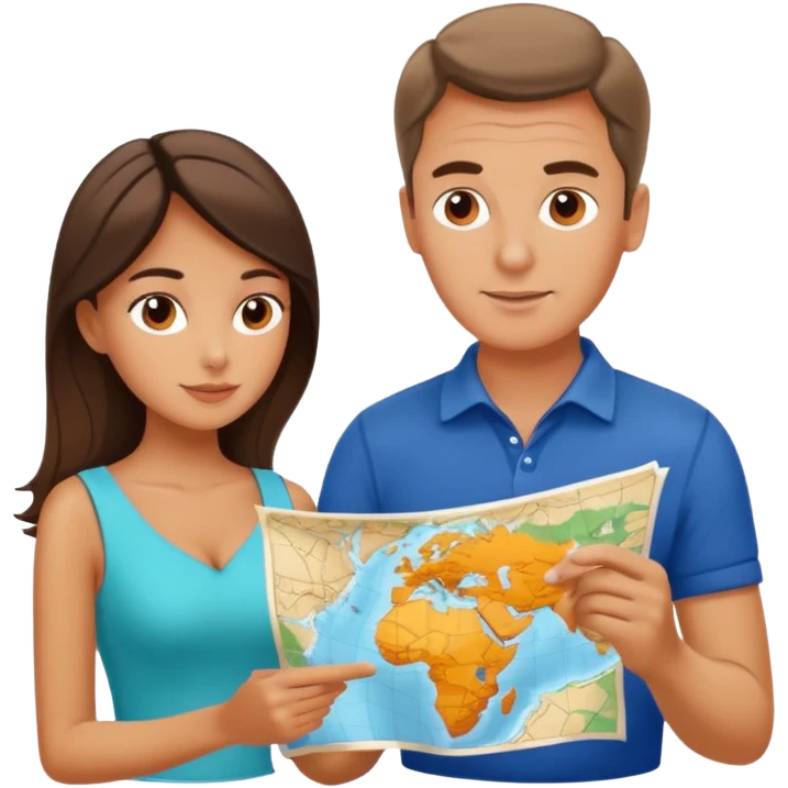 Russian man and elegant Spanish girl in vacation outfits with a map planning  emoji