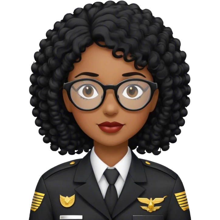 femme pilote d'avion en uniforme noir aux cheveux bouclés noir et petites lunettes arrondis identique avec des cheveux dans le dos emoji