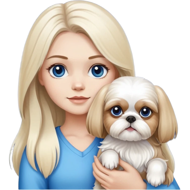 White blond girl with long hair and blue eyes holding a small female shih tzu dog emoji