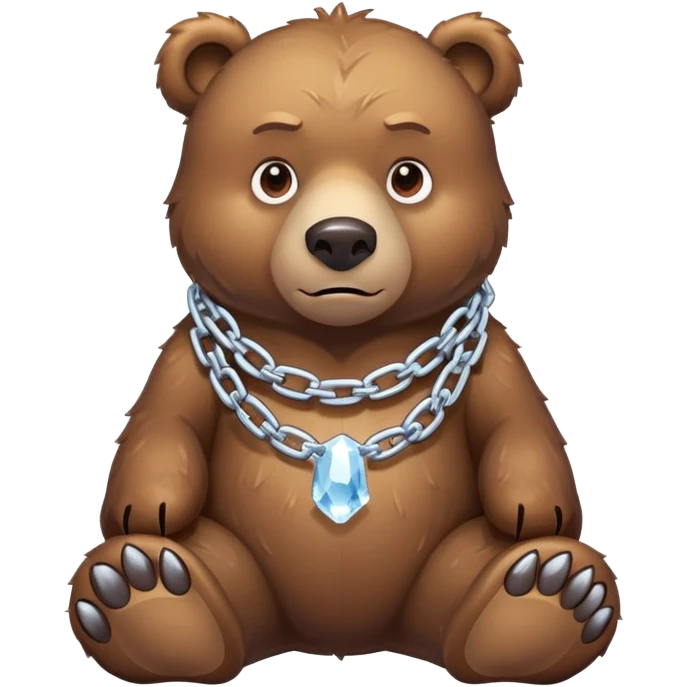 Serious realistic brown bear on all four legs wearing a thick chain made of ice around its neck, frozen chain links, stern expression emoji