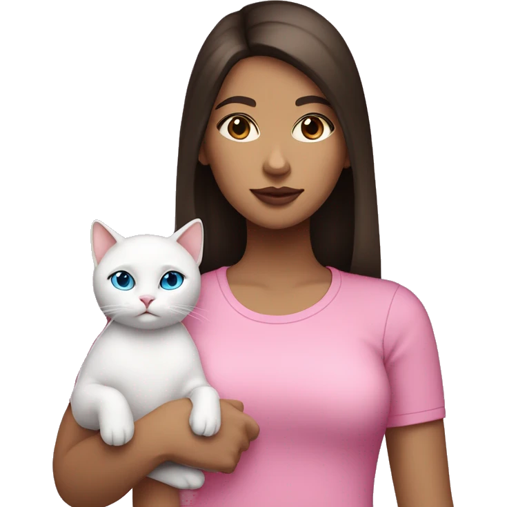 white girl with straight dark brown hair and blue eyes with pink lips wearing a pink shirt holding a white cat emoji