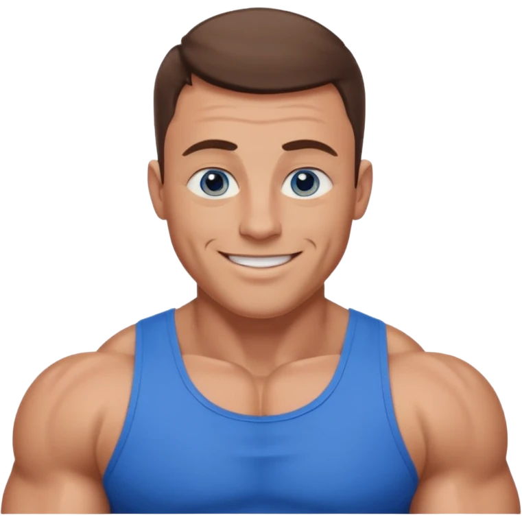 dad with very short shaved brown hair and blue eyes emoji with big muscles emoji