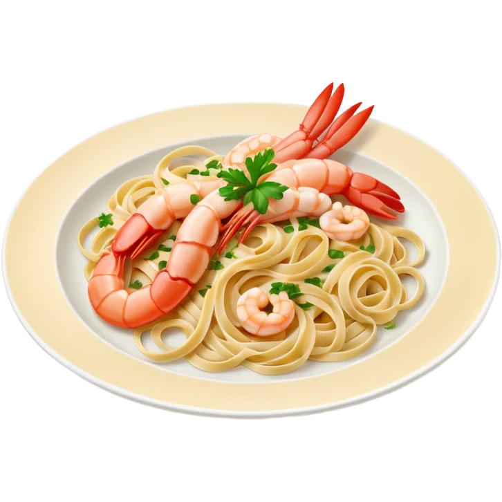 create a Whole Shrimp Linguini Camera angle: slightly elevated top-down view with a gentle bird’s-eye perspective (about 15–20°), identical perspective and scaled do not add anything on plate

 emoji