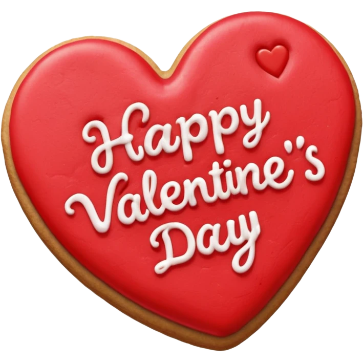 Heart-shaped cookie with red icing emoji, write 'Happy Valentine's day' on top of the red icing in white icing emoji
