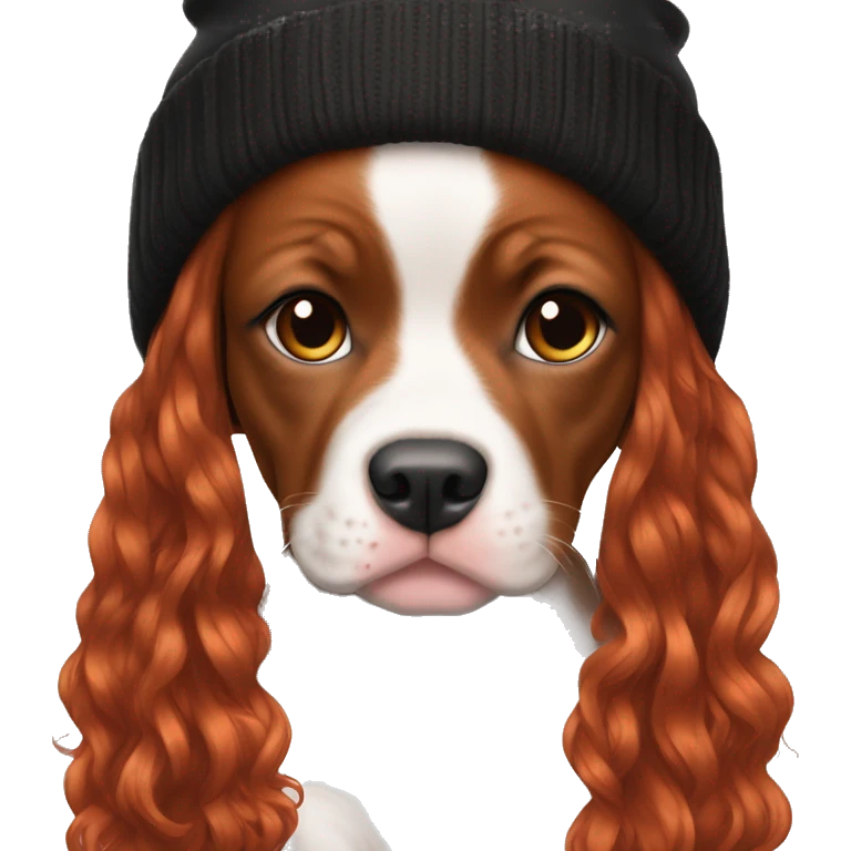Long Red haired woman in beanie with septum piercing holding black and white English Staffordshire puppy emoji