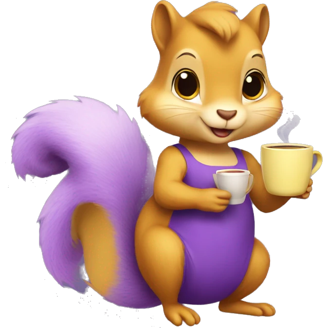 purple squirrel in a yellow dress with a mug of coffee in its paws emoji