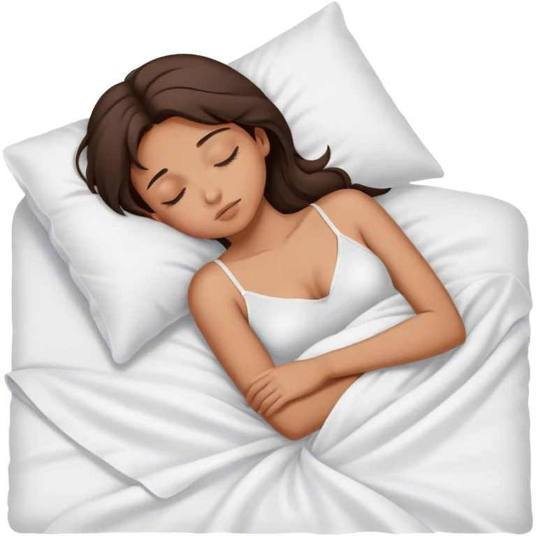 brunette girl sleeping, in white cami and white sheets emoji