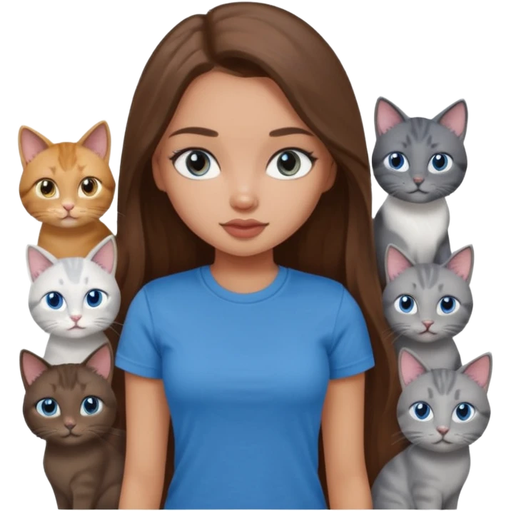 a pretty bratz dusky light skin girl with long brown hair, blue eyes with six cats nd wearing a grey tshirt emoji