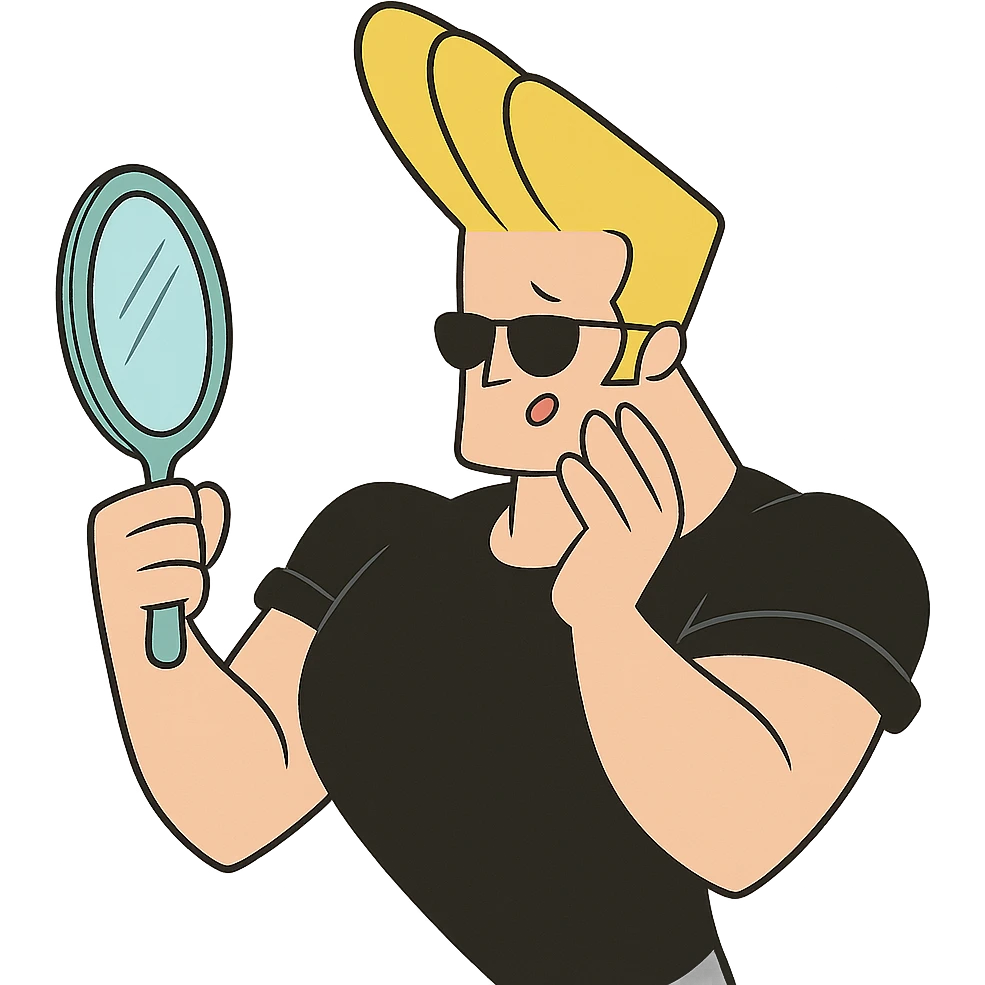 johnny bravo cartoon character, holding a mirror and admiring himself, cartoon style emoji