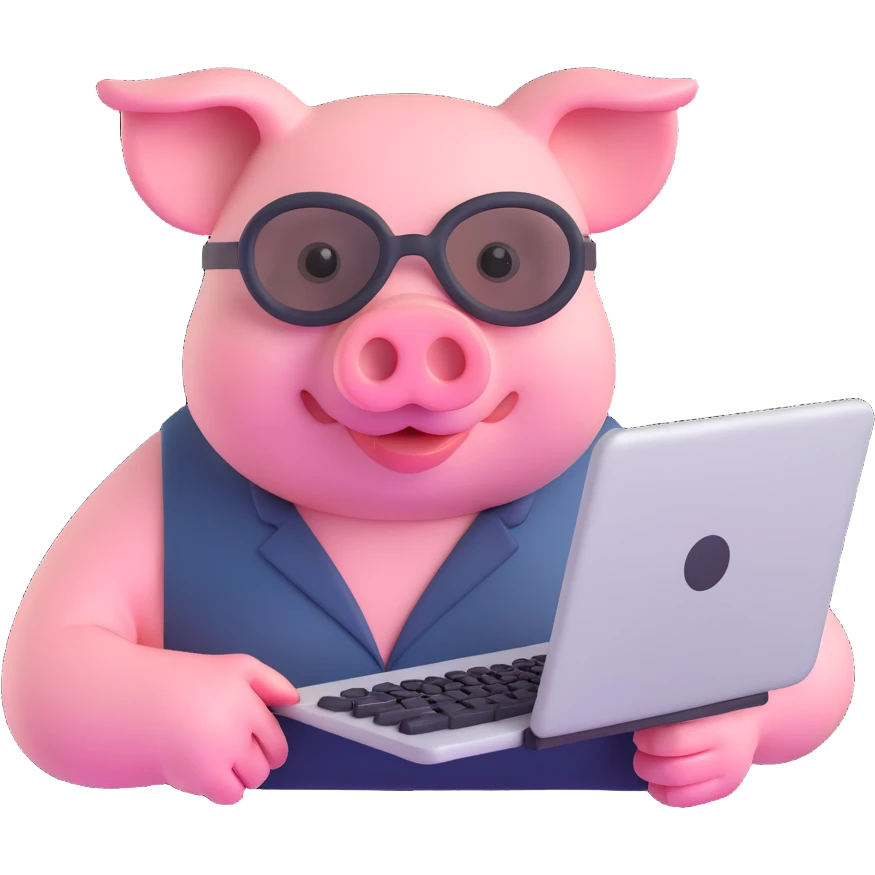 pig hacker emoji, pig with a mask, holding a keyboard, playful emoji