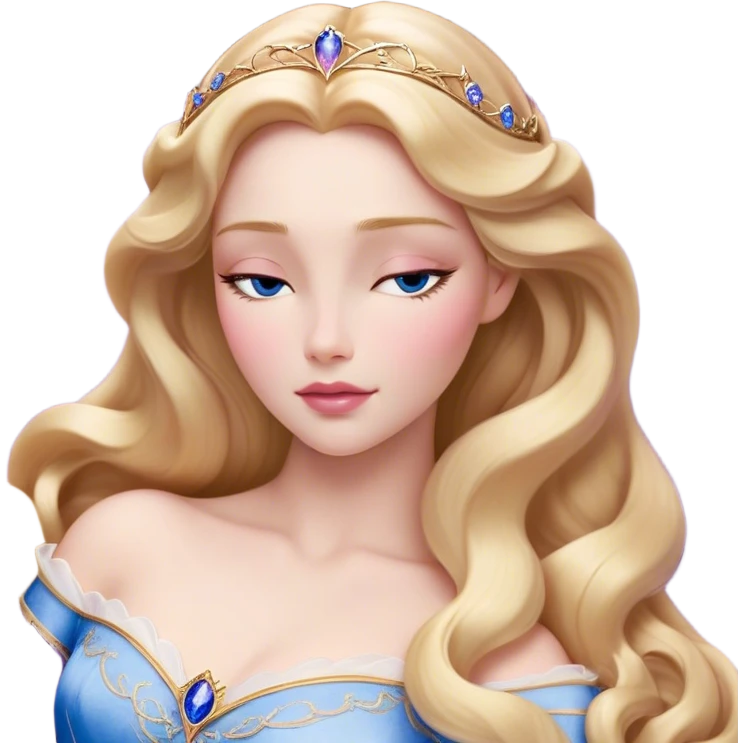 Cinematic Realistic Sleeping Beauty (Aurora) Portrait, with porcelain-like skin featuring a natural rosy flush, illuminated by soft lighting that highlights the gentle contours of her face. Her golden blonde hair flows in soft, detailed waves with subtle highlights that shimmer in the light. Her deep violet-blue eyes radiate warmth and innocence, framed by arched brows and long lashes. Her serene expression exudes quiet elegance. She is dressed in her classic pink gown, the fabric rich in texture with delicate folds that catch the light. A golden crown rests atop her head, gleaming with royal refinement. The portrait captures a soft, glowing aura, blending realism with an ethereal sense of beauty and timeless enchantment. emoji