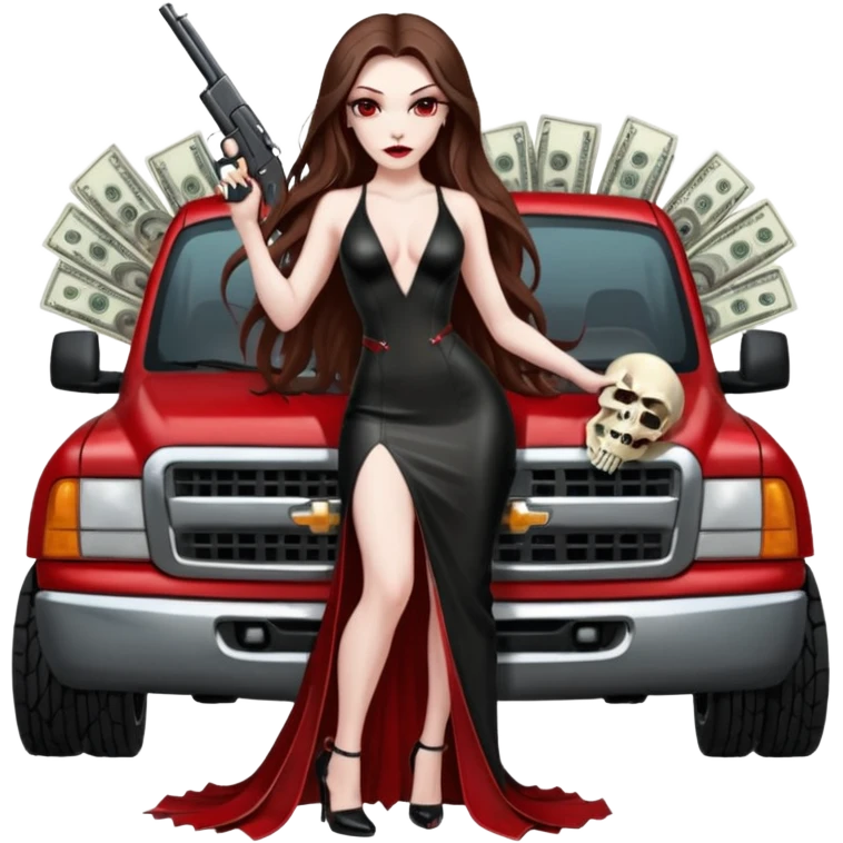 Lilith symbol red eye seductress evil long brown haired sexy succubus woman with leather long dress with slit on, sitting in Big Large F350 pickup truck. Platform long high heels on feet. Back seat full of stacks of cash, she is  Holding a human skull of her enemies and a gun in other hand emoji