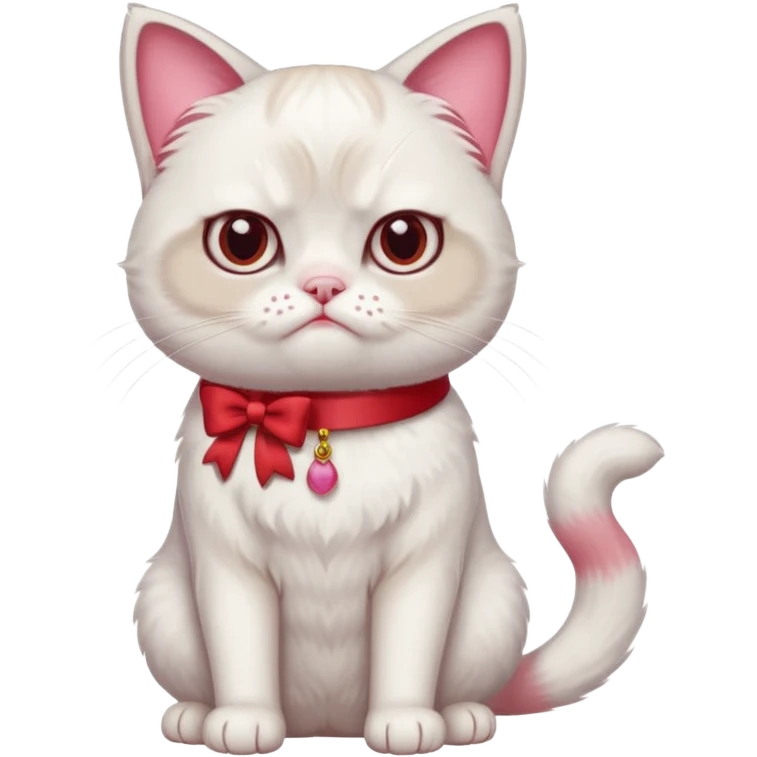A White grumpy cat with light pink ears and paws and with a bow around its neck. The cat shall be standing on two legs emoji