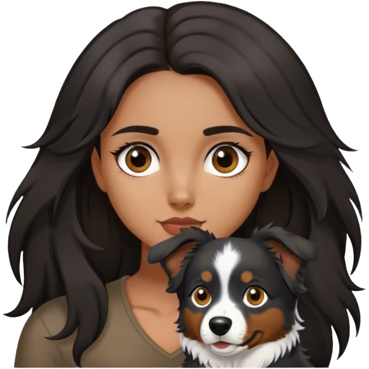 latina girl with long dark hair and dark brown eyes with a black tri Australian shepherd emoji