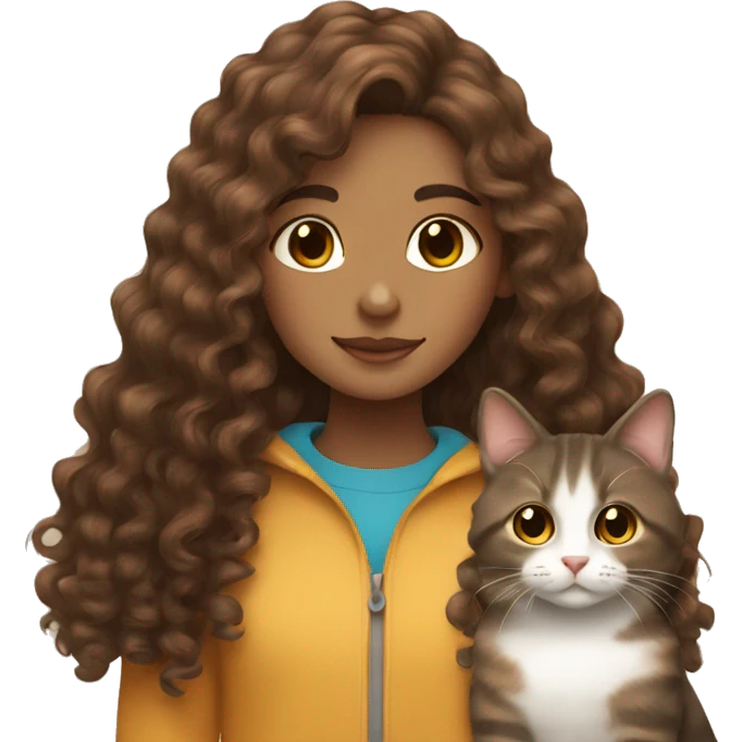 Curly long brown hair girl with a tricolor cat  emoji