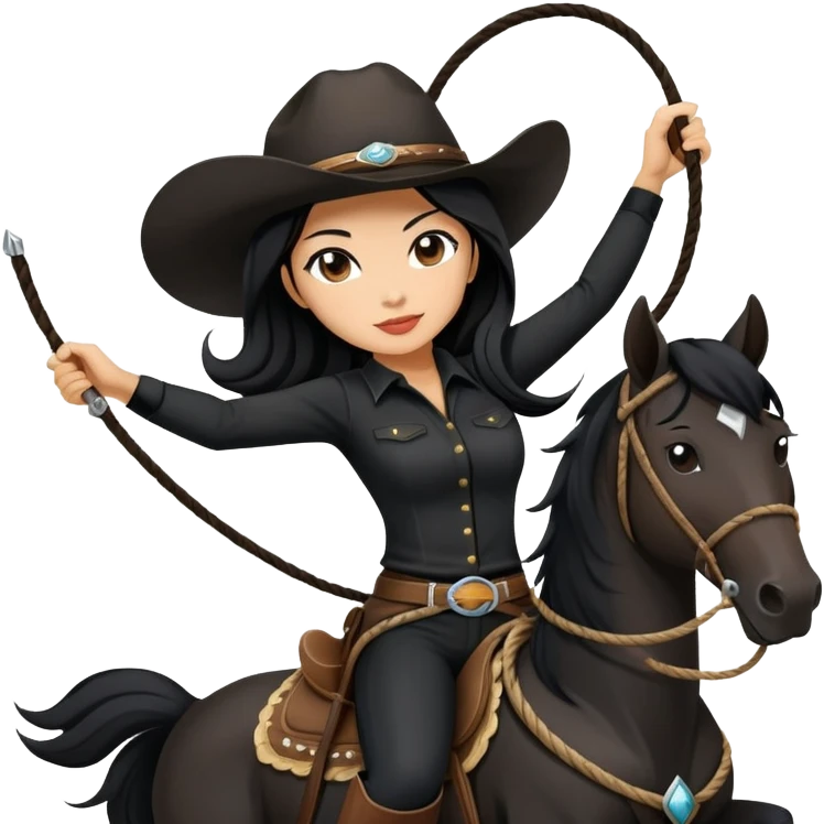confident Asian woman with long black hair wearing black outfit riding a horse cowgirl style with a lasso emoji