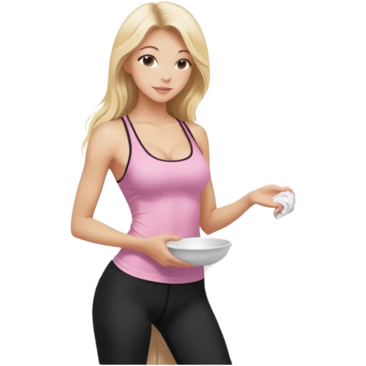 Seductive, thin fair skinned woman, long blond hair, washing dishes, SFW sheer pink tank top, without undergarments showing natural breast shape SFW, black yoga pants, perfect booty emoji