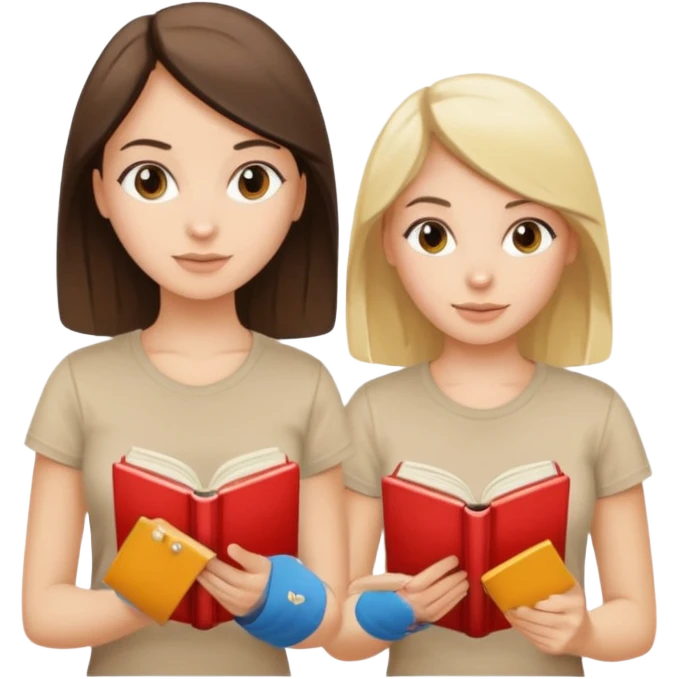 Two beautiful girls read book. Brunette and blonde in beige T-shirts  emoji