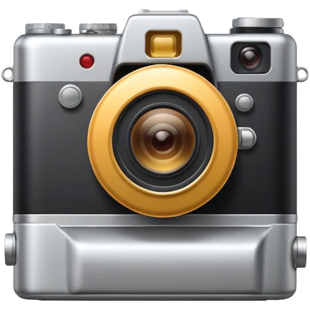 Minimal emoji icon of a modern metalic camera, front view, simple shapes, realistic lens,  emoji