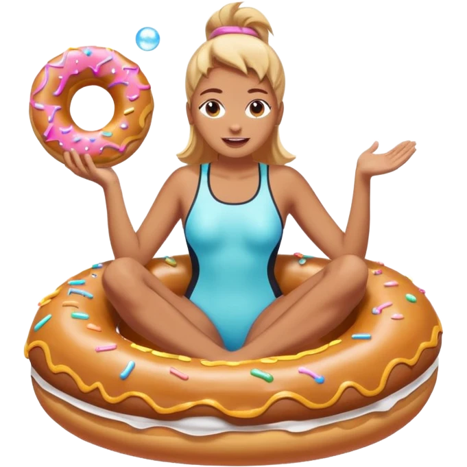 A woman riding a donut float, with bubbles popping all around her emoji