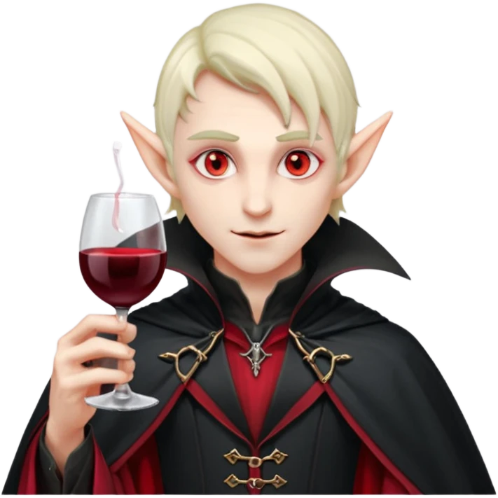 male elf vampire emoji, pale skin, red glowing eyes, long pointed ears, black high-collared cloak with red lining, holding a wine glass filled with red liquid, elegant Halloween fantasy look, smooth Apple emoji style, clean white background, square image emoji
