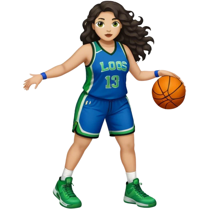 Full Body light skin Latino plus size women basketball player with long wavy dark hair  wearing blue and green uniform emoji