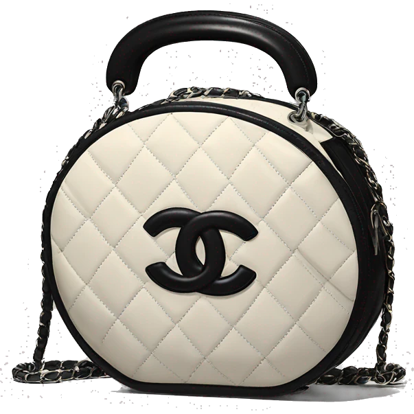 Round black Chanel bag with top handle chanel logo top middle emoji