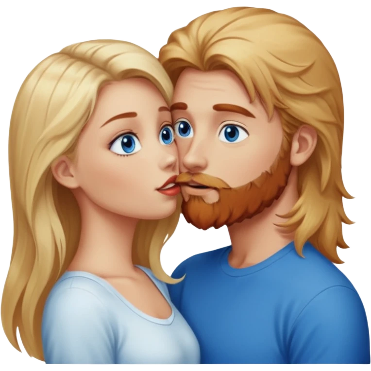 Hot, long hair blonde girl with bright blue eyes, looking at and kissing reddish-browish blue eyed white guy with reddish-brownish-scruffy beard emoji
