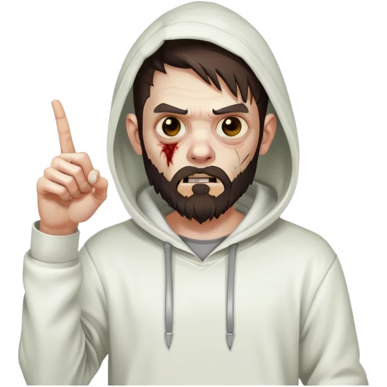 zombie pointing finger, undercut hairstyle with dark brown hair, short full beard, wearing plain white hoodie emoji