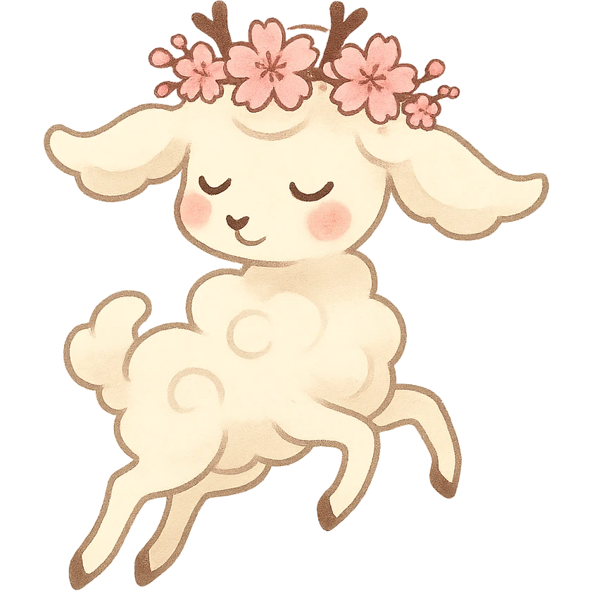 vanilla-colored cloud doe with rosy cheeks, wearing a cherry blossom crown, floating gracefully with witch-like elegance, designed as a brand identity mascot for social media emoji