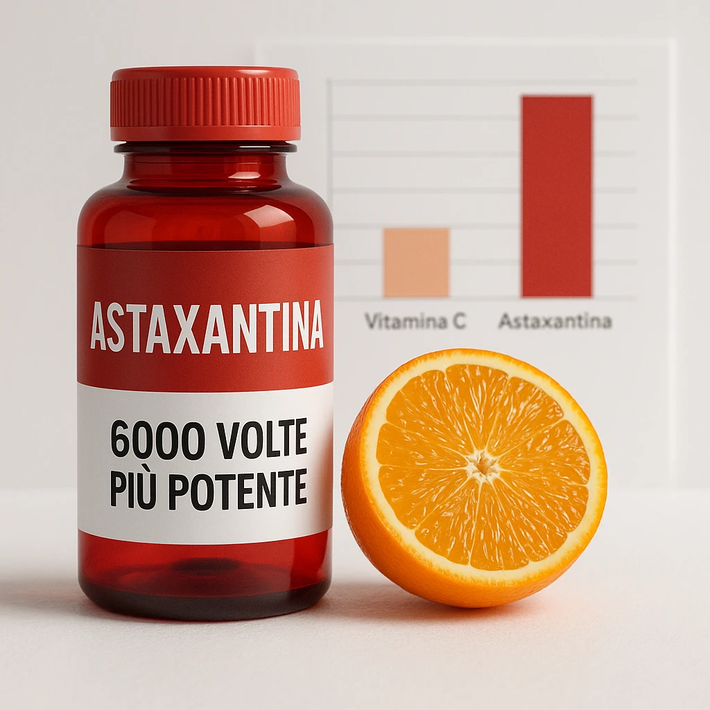 hyper realistic astaxanthin with bar chart showing difference with vitamin C, red bottle, orange, text '6000 volte più potente', scientific atmosphere, white background emoji