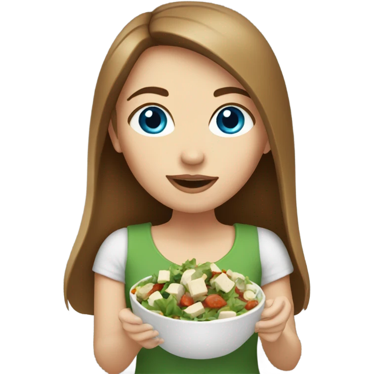 White girl Brown hair blue eyes eating Tofu salad emoji
