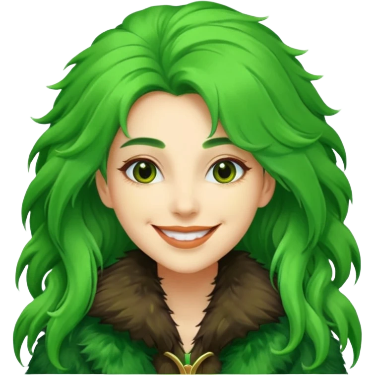 female in green fur coat like grinch emoji