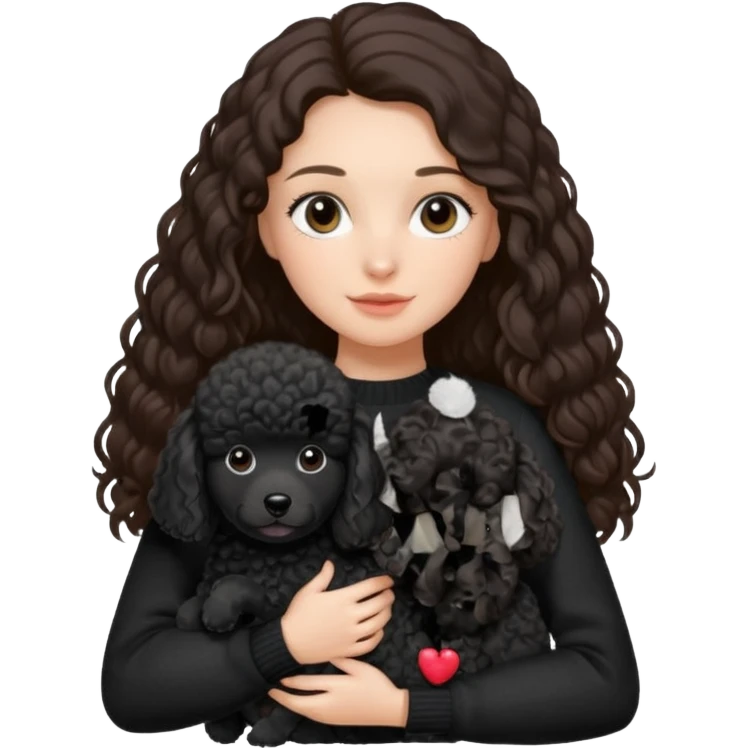 One Brunette girl with long hair in a black sweater holds a single black Poodle puppy in her arms emoji