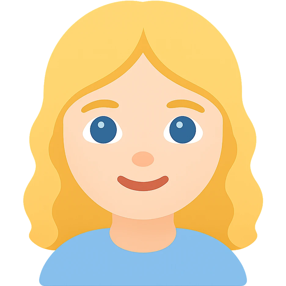 blonde girl with wavy hair and blue eyes, sweet and wholesome, modern color icon style emoji