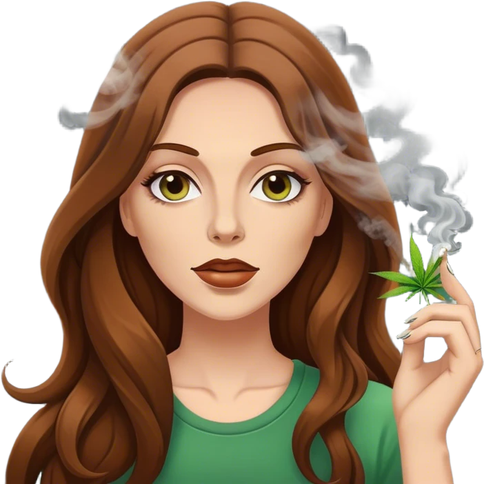 High off weed emoji with smoke  make her white small with long brown hair emoji