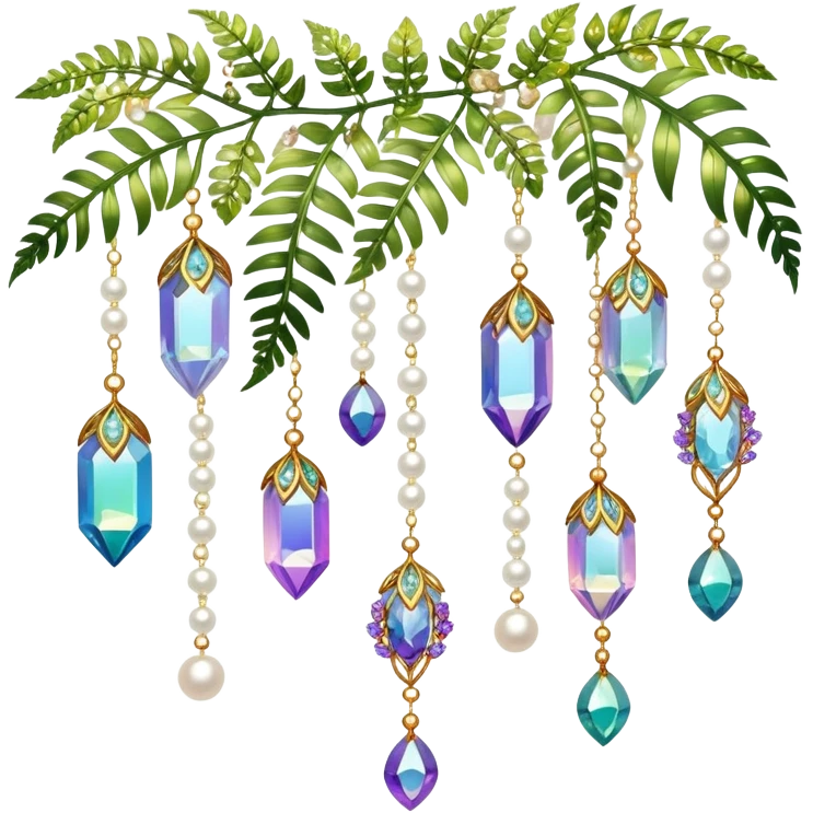Exotic romantic Few cute tiny Iridescent glistening glossy sparkly shiny glittery hanging crystals pearls and beads and gemstones scenery scenic decorations with vines and ferns and flowers emoji