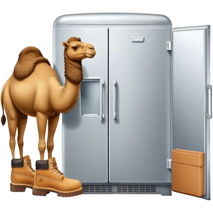 A silver refrigerator with doors as the body, a brown camel head with a hump on top, and tan Timberland boots on the bottom emoji