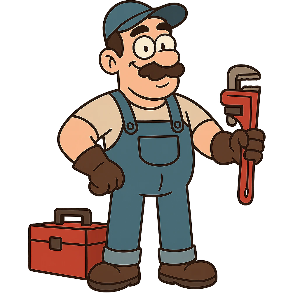 a plumber, with gloves, standing next to a toolbox, confident pose, clean background emoji