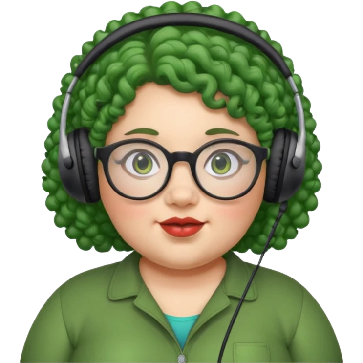  headphone wearing and glassess and green curly haired fat girl emoji