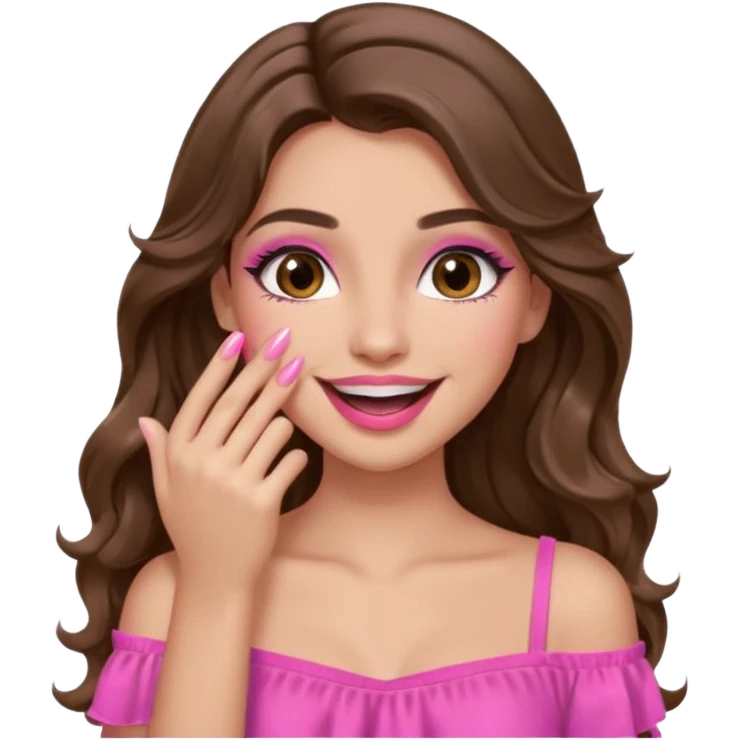 girl with long wavy brown hair, brown eyes, long lashes makeup, pink lips, light to medium complexion, pink sexy top, smiling, hand covering the mouth, giggling emoji