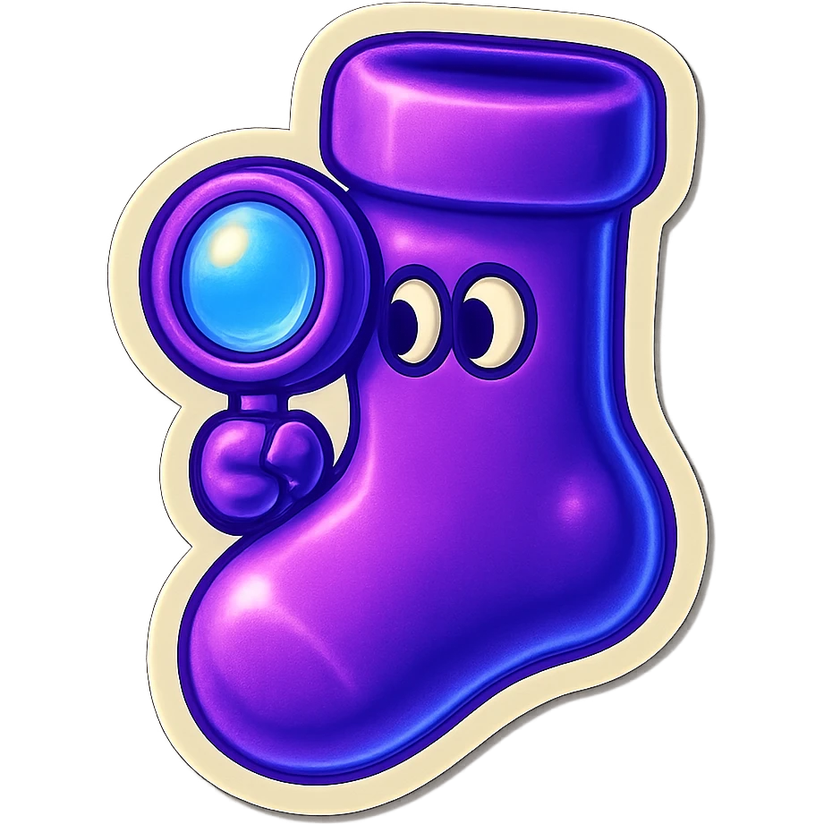 A neon-purple sock with a peeking face, holding a magnifying glass, representing peeking or investigation. emoji