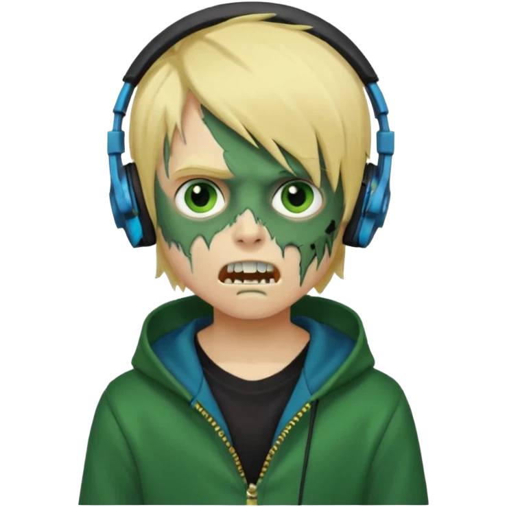 boy zombie whit blonde emo hair and eyes blue and GREEN SKIN and heandphones black AND A MICROFONE AND GOLD TEETH and agesive face and the hoodie black  emoji