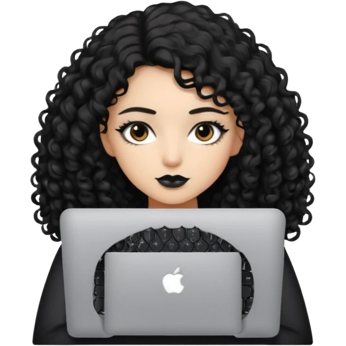 a girl typing mac book air with long black curly hair and brown eyes with winged black eyeliner emoji