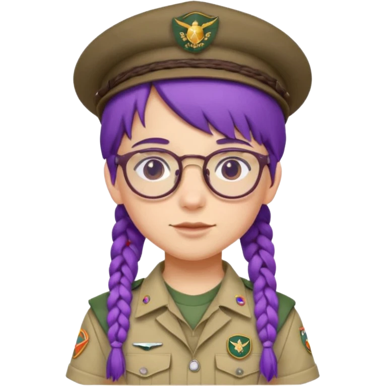 bşue uniform wearing scout kid with braids and glassess with hat purple haired emoji