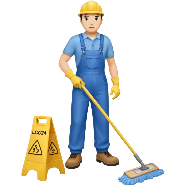 Custodian with yellow rubber gloves, blue overalls, mopping floor emoji