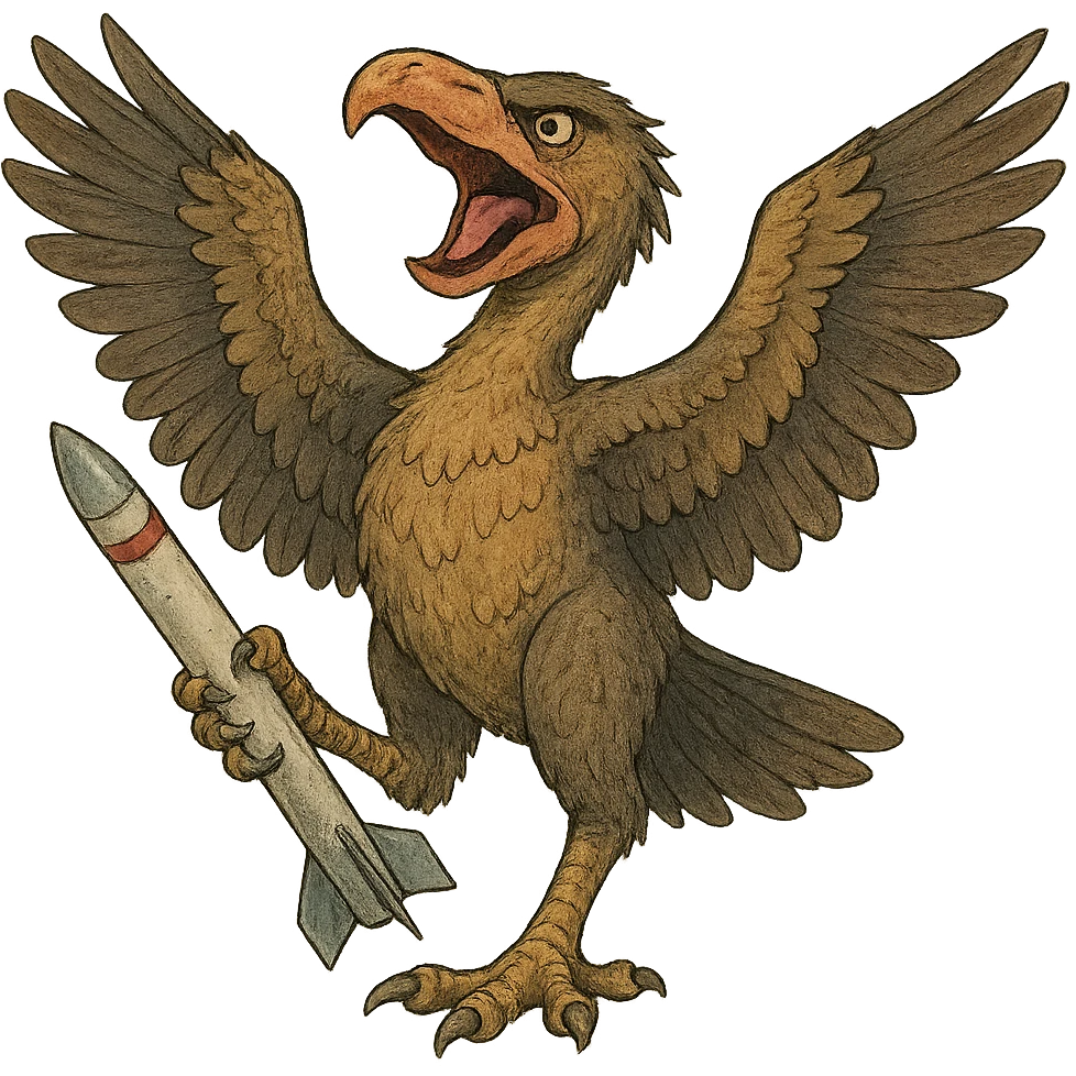 an insignia for a flag: a strange foreign alien bird creature, resembling a prehistoric phorusrhacos, gripping a sidewinder missile in its' powerful claw, standing up on its' other claw, cawing fiercely, wings spread in defiance.
 emoji
