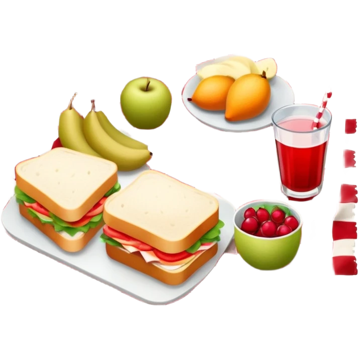 picnic with sandwiches, fruits, and drinks on a red and white checkered blanket emoji