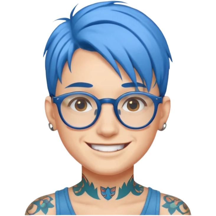 smiling face with blue hair, glasses, and a visible tattoo emoji